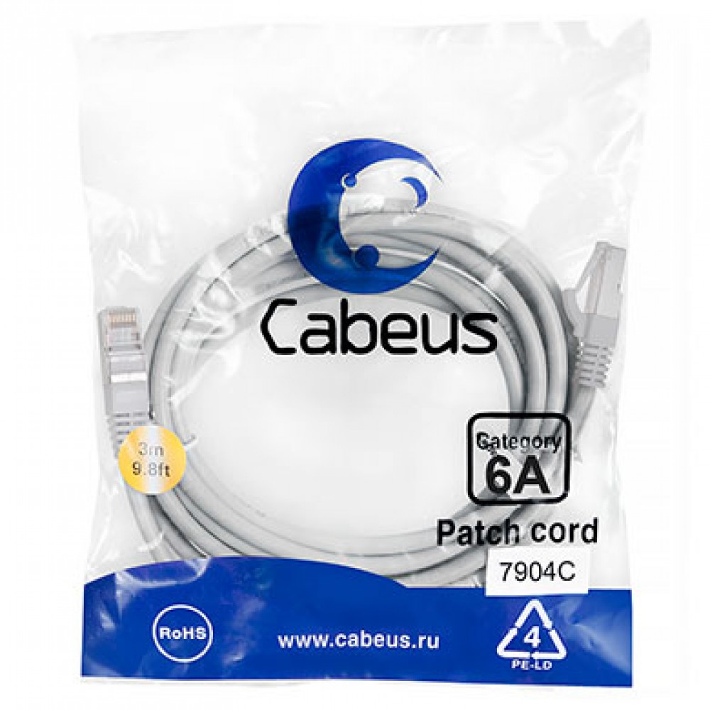 Cabeus PC-SSTP-RJ45-Cat.6a-3m-LSZH Патч-корд S/FTP, категория 6а (10G), 2xRJ45/8p8c, экранированный, серый, LSZH, 3м