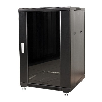 Шкаф серверный TopLAN 18U 600x600, передняя дверь со стеклом , задняя сплошная металл, ножки, черный TOP-MDX-R-18U60-60-GS-BK