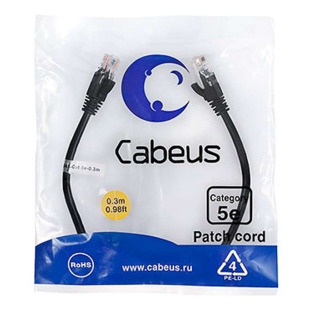 Cabeus PC-UTP-RJ45-Cat.5e-0.3m-BK Патч-корд U/UTP, категория 5е, 2xRJ45/8p8c, неэкранированный, черный, PVC, 0.3м