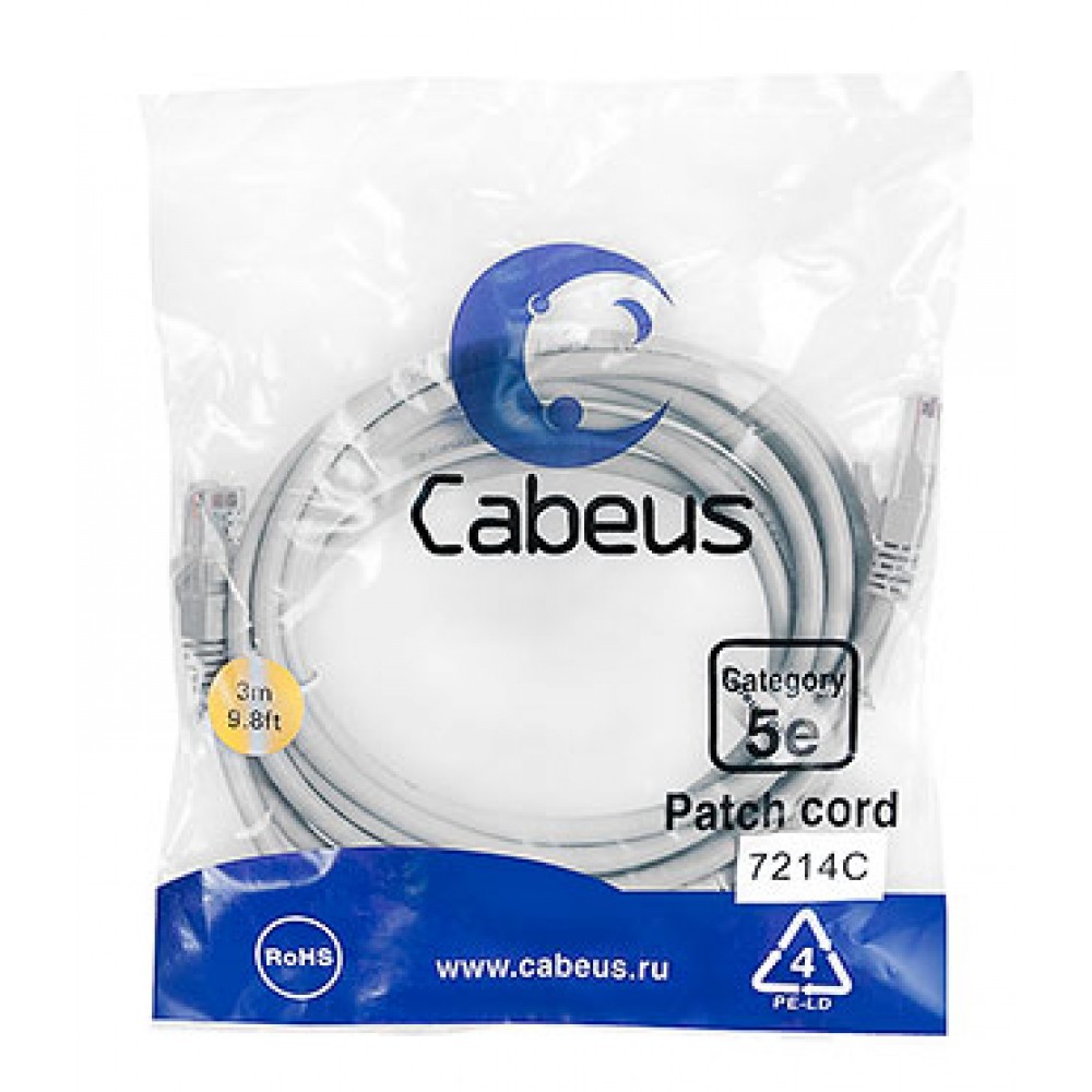 Cabeus PC-UTP-RJ45-Cat.5e-3m Патч-корд U/UTP, категория 5е, 2xRJ45/8p8c, неэкранированный, серый,PVC