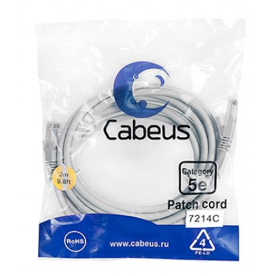 Cabeus PC-UTP-RJ45-Cat.5e-3m Патч-корд U/UTP, категория 5е, 2xRJ45/8p8c, неэкранированный, серый,PVC