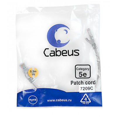 Cabeus PC-UTP-RJ45-Cat.5e-0.3m Патч-корд U/UTP, категория 5е, 2xRJ45/8p8c, неэкранированный, серый, PVC, 0.3м