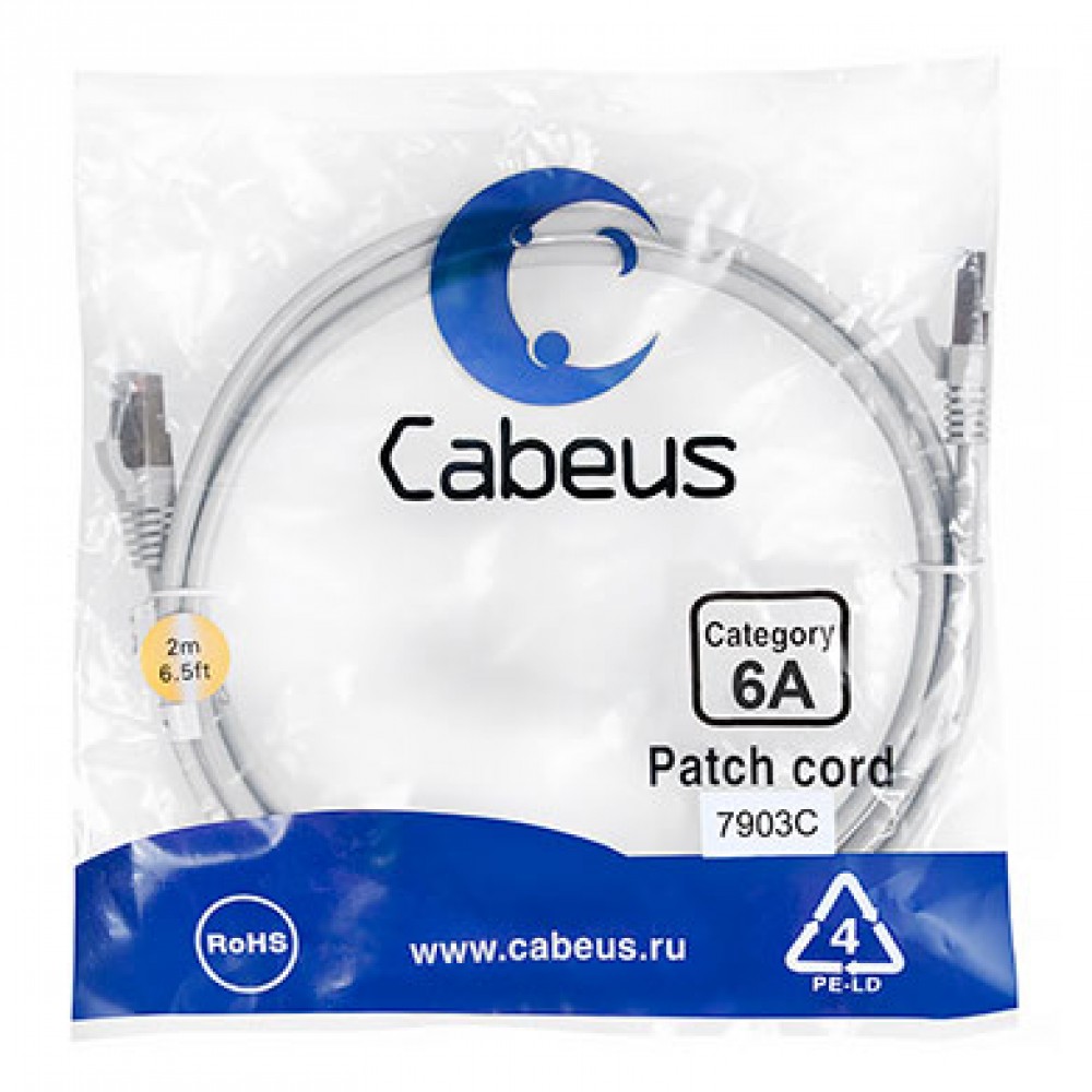 Cabeus PC-SSTP-RJ45-Cat.6a-2m-LSZH Патч-корд S/FTP, категория 6а (10G), 2xRJ45/8p8c, экранированный, серый, LSZH, 2м