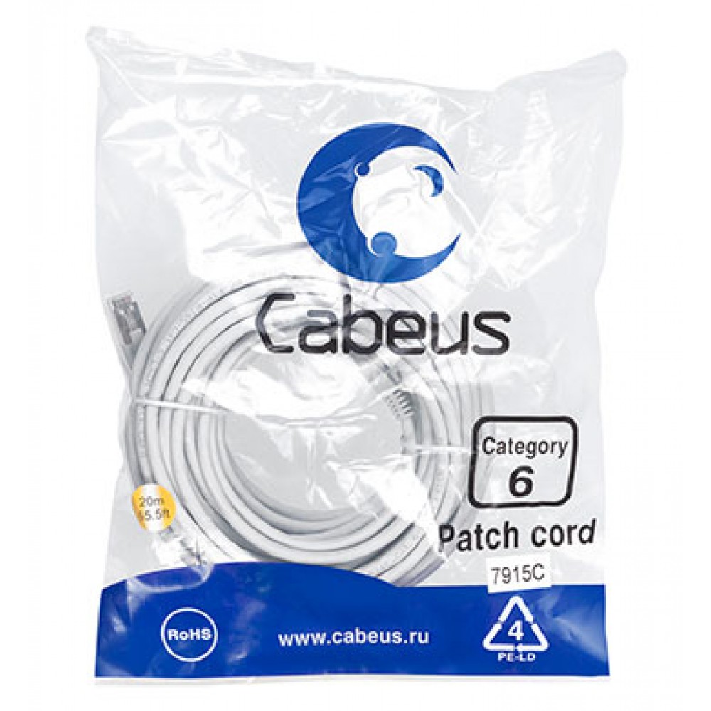 Cabeus PC-FTP-RJ45-Cat.6-20m-LSZH Патч-корд F/UTP, категория 6, 2xRJ45/8p8c, экранированный, серый, LSZH, 20м