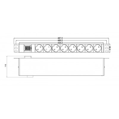 SHT19-8SH-S-IEC Блок розеток для 19 шкафов, горизонтальный, с выключателем с подсветкой, 8 розеток Schuko (10A), вилка IEC320 C14 на тыльной стороне,