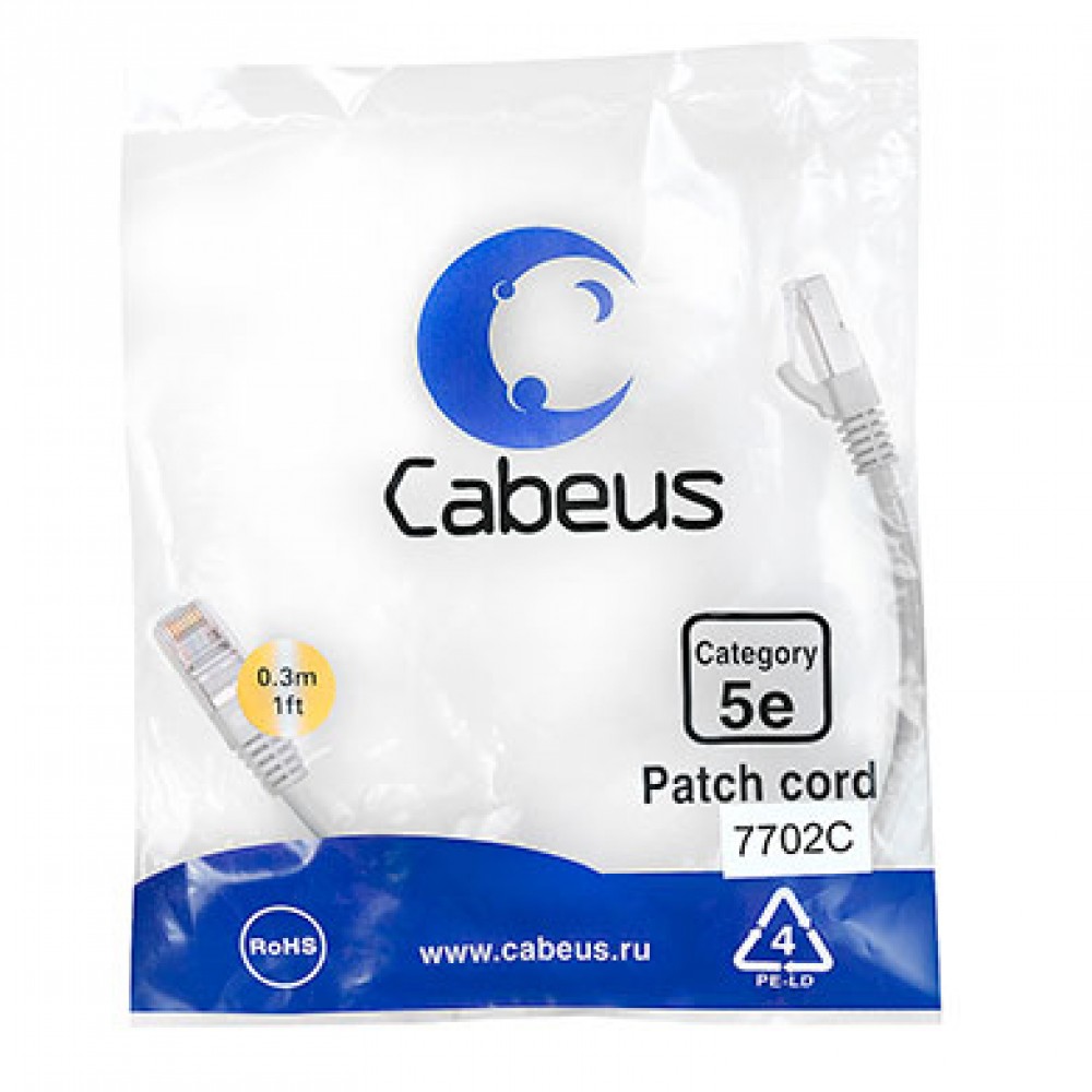 Cabeus PC-FTP-RJ45-Cat.5e-0.3m Патч-корд F/UTP, категория 5е, 2xRJ45/8p8c, экранированный, серый, PVC, 0.3м PC-FTP-RJ45-Cat.5e-0.3m