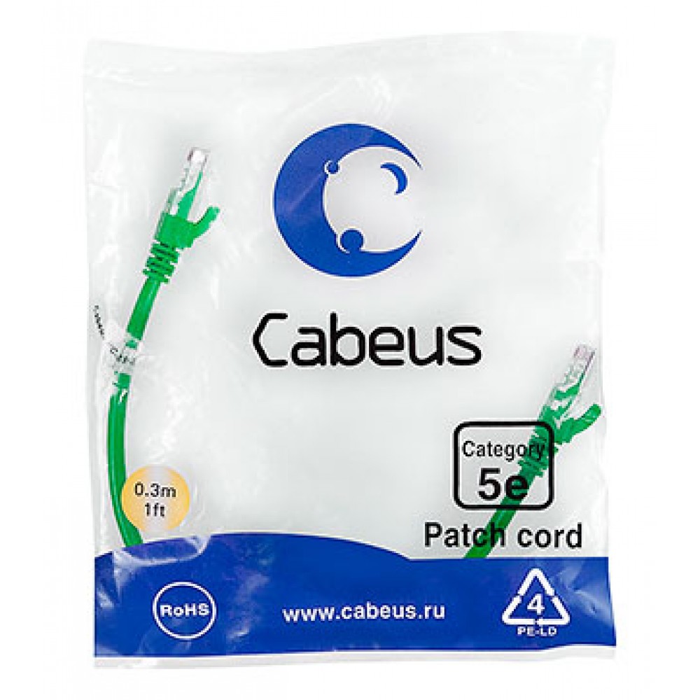 Cabeus PC-UTP-RJ45-Cat.5e-0.3m-GN Патч-корд U/UTP, категория 5е, 2xRJ45/8p8c, неэкранированный, зеленый, PVC, 0.3м