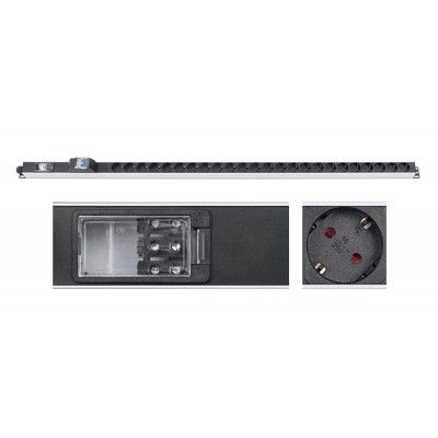 Cabeus PDU-32-24S-B-T Блок розеток для 19 шкафов, вертикальный, 24 розетки Schuko, 32А, автомат защиты, алюминиевый корпус, клеммная колодка