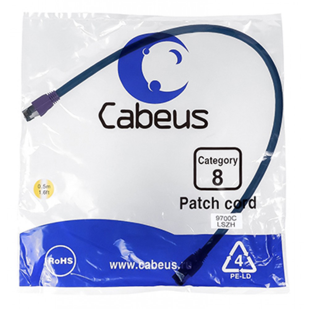 Cabeus PC-SSTP-RJ45-Cat.8-0.5m-LSZH Патч-корд S/FTP, категория 8 (40G, 2000 MHz), 2xRJ45/8p8c, экранированный, синий, LSZH, 0.5 м