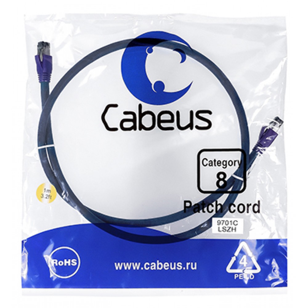 Cabeus PC-SSTP-RJ45-Cat.8-1m-LSZH Патч-корд S/FTP, категория 8 (40G, 2000 MHz), 2xRJ45/8p8c, экранированный, синий, LSZH, 1 м