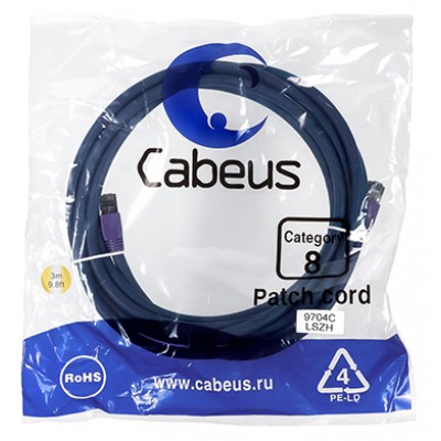 Cabeus PC-SSTP-RJ45-Cat.8-3m-LSZH Патч-корд S/FTP, категория 8 (40G, 2000 MHz), 2xRJ45/8p8c, экранированный, синий, LSZH, 3 м