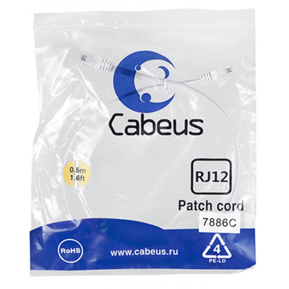 Cabeus PC-TEL-RJ12-0.5m Патч-корд телефонный 2х6р4с, белый, PVC, 0.5 м