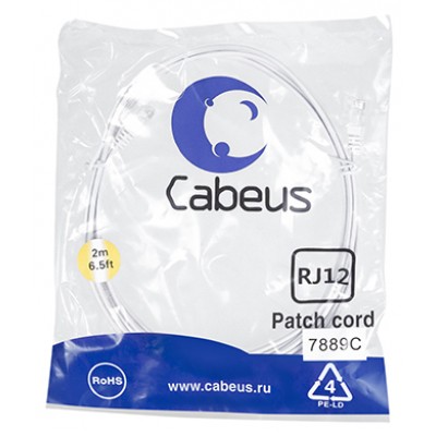 Cabeus PC-TEL-RJ12-2m Патч-корд телефонный 2х6р4с, белый, PVC, 2 м