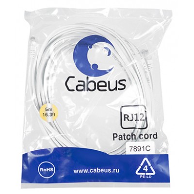 Cabeus PC-TEL-RJ12-5m Патч-корд телефонный 2х6р4с, белый, PVC, 5 м