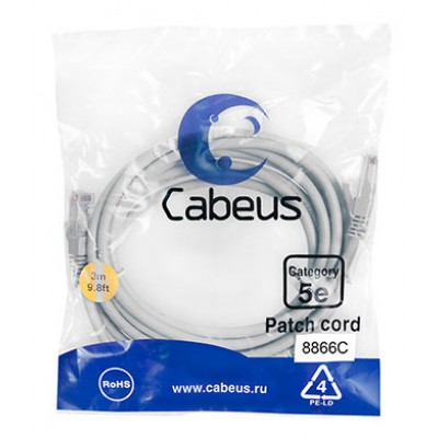 Cabeus PC-UTP-RJ45-Cat.5e-3m-LSZH Патч-корд U/UTP, категория 5е, 2xRJ45/8p8c, неэкранированный, серый, LSZH, 3м