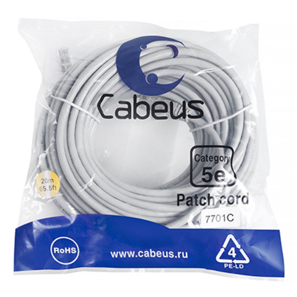 Cabeus PC-UTP-RJ45-Cat.5e-20m Патч-корд U/UTP, категория 5е, 2xRJ45/8p8c, неэкранированный, серый, PVC, 20м