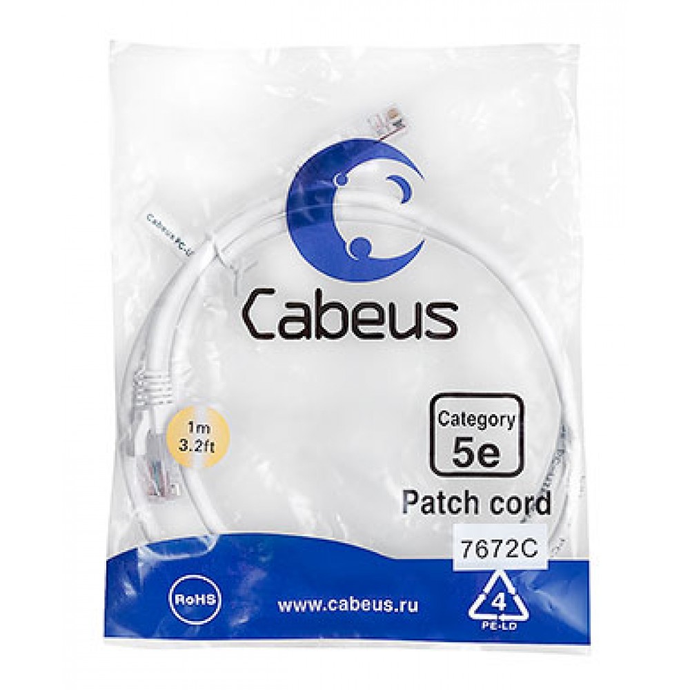 Cabeus PC-UTP-RJ45-Cat.5e-1m-WH Патч-корд U/UTP, категория 5е, 2xRJ45/8p8c, неэкранированный, белый, PVC, 1м