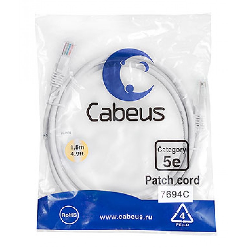 Cabeus PC-UTP-RJ45-Cat.5e-1.5m-WH Патч-корд U/UTP, категория 5е, 2xRJ45/8p8c, неэкранированный, белый, PVC, 1.5м