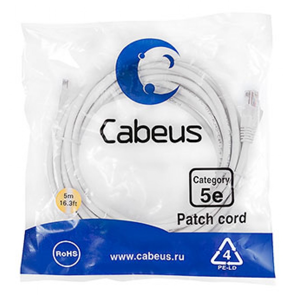 Cabeus PC-UTP-RJ45-Cat.5e-5m-WH Патч-корд U/UTP, категория 5е, 2xRJ45/8p8c, неэкранированный, белый, PVC, 5м