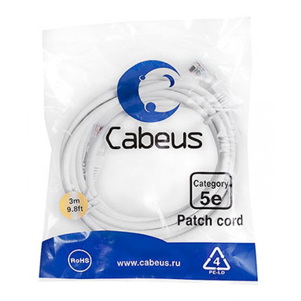 Cabeus PC-UTP-RJ45-Cat.5e-3m-WH-LSZH Патч-корд U/UTP, категория 5е, 2xRJ45/8p8c, неэкранированный, белый, LSZH, 3м