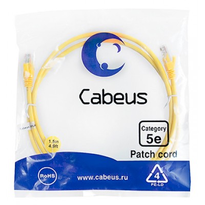 Cabeus PC-UTP-RJ45-Cat.5e-1.5m-YL Патч-корд U/UTP, категория 5е, 2xRJ45/8p8c, неэкранированный, желтый, PVC, 1.5м