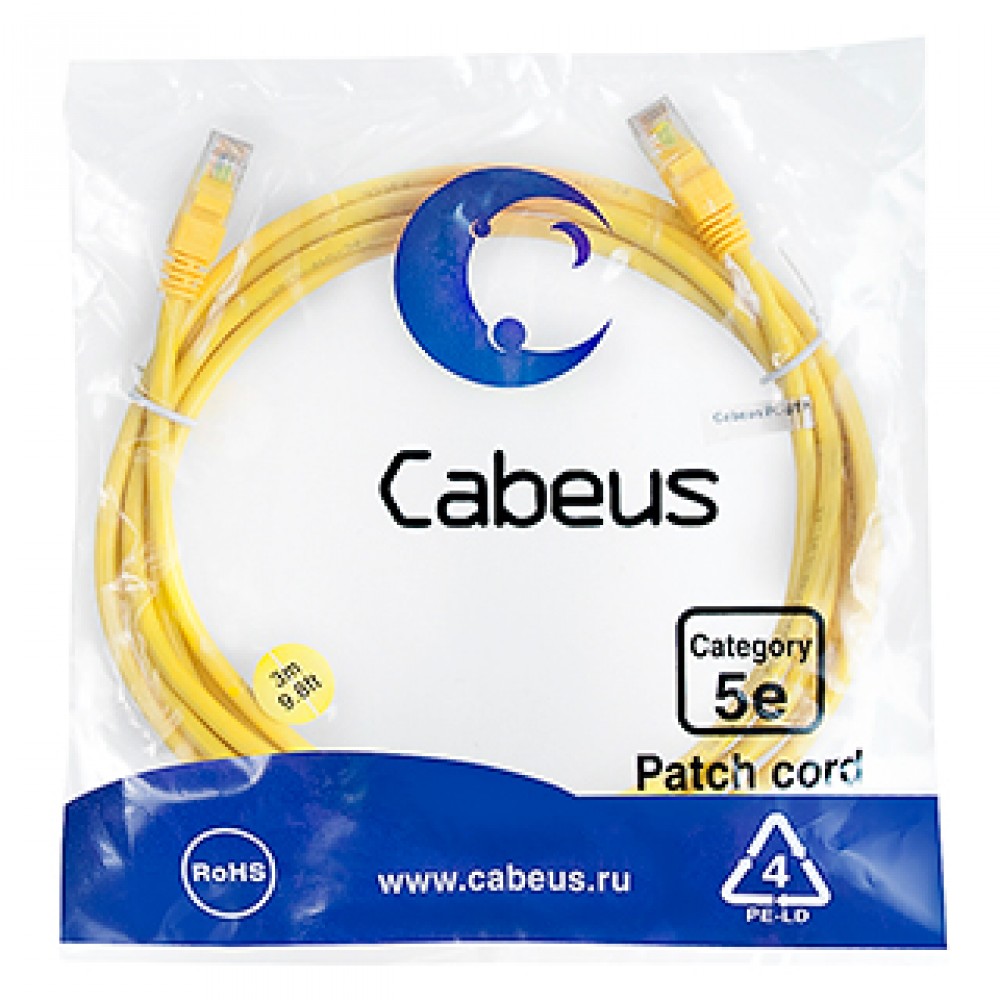 Cabeus PC-UTP-RJ45-Cat.5e-3m-YL Патч-корд U/UTP, категория 5е, 2xRJ45/8p8c, неэкранированный, желтый, PVC, 3м