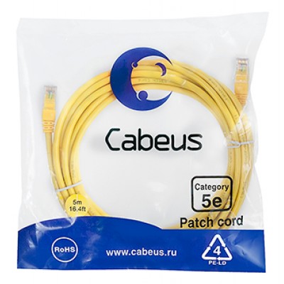 Cabeus PC-UTP-RJ45-Cat.5e-5m-YL Патч-корд U/UTP, категория 5е, 2xRJ45/8p8c, неэкранированный, желтый, PVC, 5м