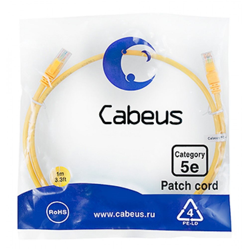 Cabeus PC-UTP-RJ45-Cat.5e-1m-YL-LSZH Патч-корд U/UTP, категория 5е, 2xRJ45/8p8c, неэкранированный, желтый, LSZH, 1м
