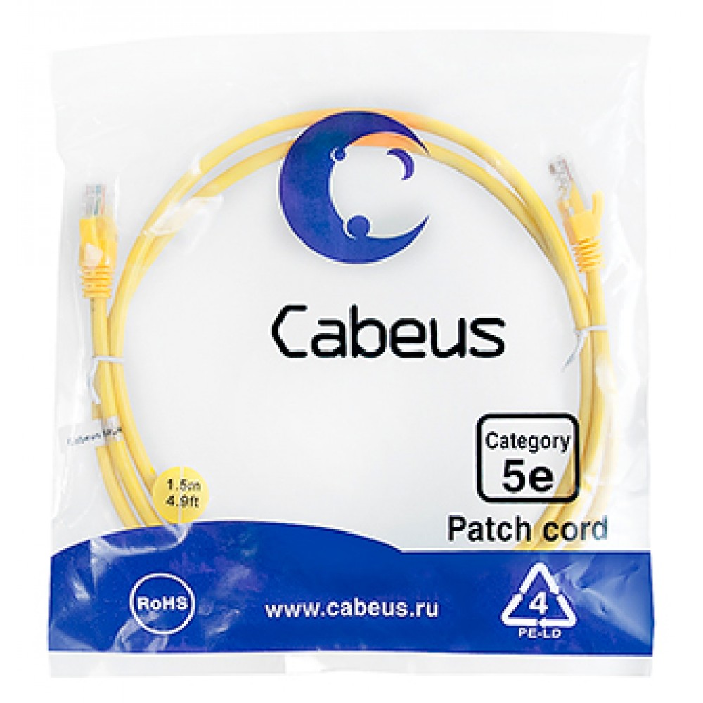 Cabeus PC-UTP-RJ45-Cat.5e-1.5m-YL-LSZH Патч-корд U/UTP, категория 5е, 2xRJ45/8p8c, неэкранированный, желтый, LSZH, 1.5м