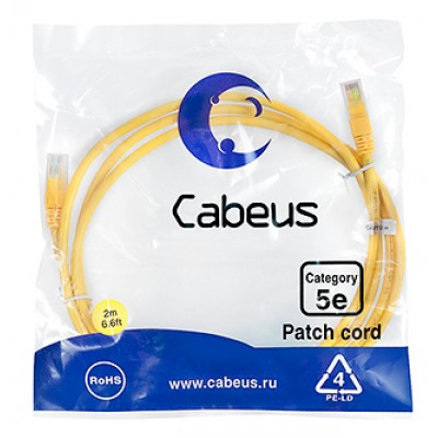 Cabeus PC-UTP-RJ45-Cat.5e-2m-YL-LSZH Патч-корд U/UTP, категория 5е, 2xRJ45/8p8c, неэкранированный, желтый, LSZH, 2м