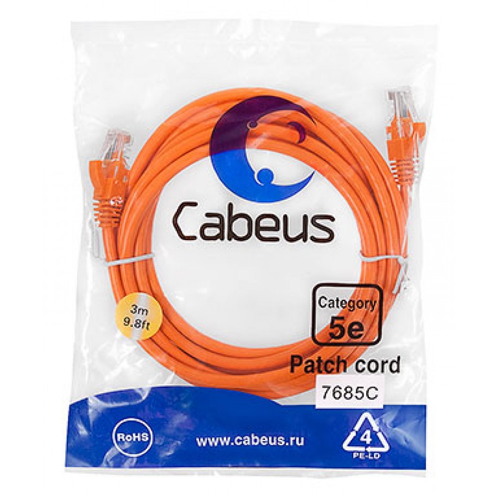 Cabeus PC-UTP-RJ45-Cat.5e-3m-OR Патч-корд U/UTP, категория 5е, 2xRJ45/8p8c, неэкранированный, оранжевый, PVC, 3м