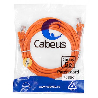 Cabeus PC-UTP-RJ45-Cat.5e-3m-OR-LSZH Патч-корд U/UTP, категория 5е, 2xRJ45/8p8c, неэкранированный, оранжевый, LSZH, 3м