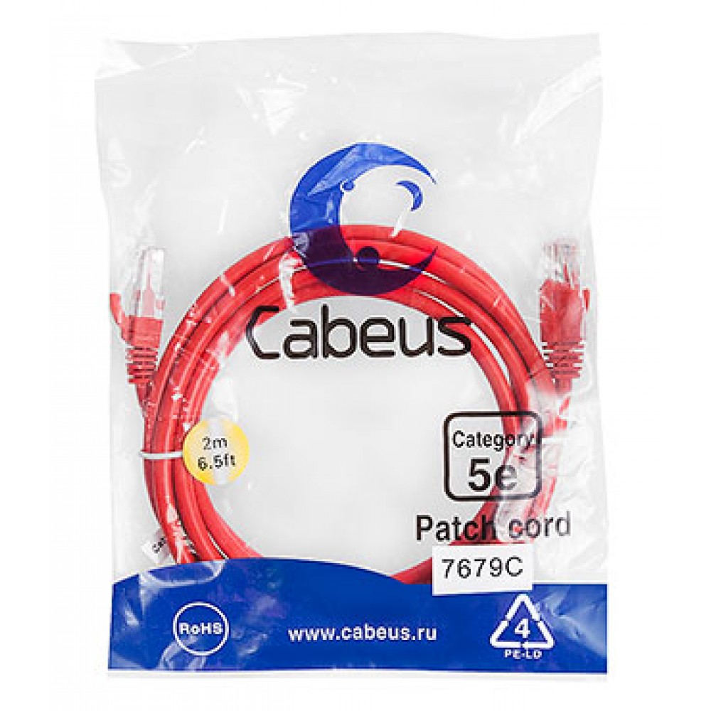 Cabeus PC-UTP-RJ45-Cat.5e-2m-RD Патч-корд U/UTP, категория 5е, 2xRJ45/8p8c, неэкранированный, красный, PVC, 2м