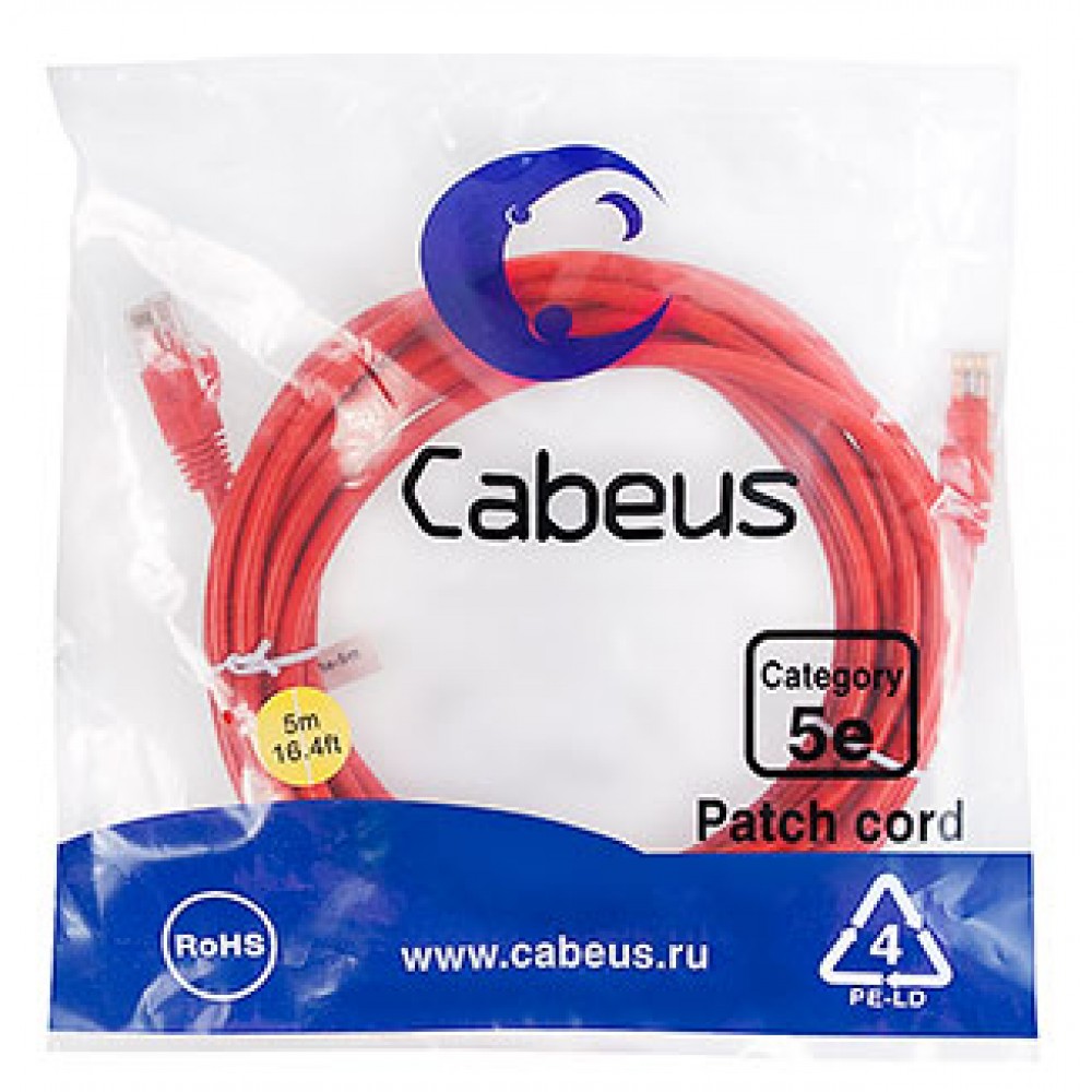 Cabeus PC-UTP-RJ45-Cat.5e-5m-RD Патч-корд U/UTP, категория 5е, 2xRJ45/8p8c, неэкранированный, красный, PVC, 5м