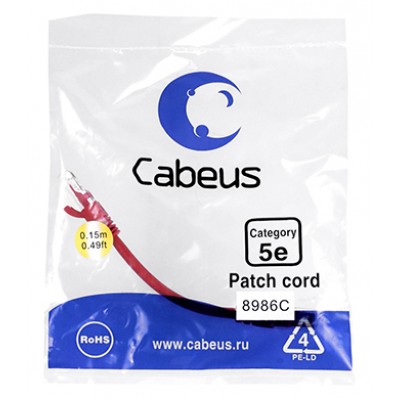 Cabeus PC-UTP-RJ45-Cat.5e-0.15m-RD Патч-корд U/UTP, категория 5е, 2xRJ45/8p8c, неэкранированный, красный, PVC, 0.15м