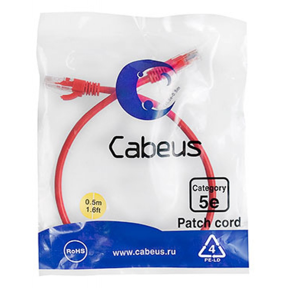 Cabeus PC-UTP-RJ45-Cat.5e-0.5m-RD-LSZH Патч-корд U/UTP, категория 5е, 2xRJ45/8p8c, неэкранированный, красный, LSZH, 0.5м