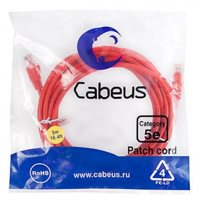 Cabeus PC-UTP-RJ45-Cat.5e-5m-RD-LSZH Патч-корд U/UTP, категория 5е, 2xRJ45/8p8c, неэкранированный, красный, LSZH, 5м