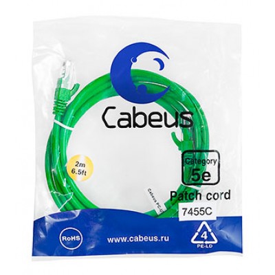 Cabeus PC-UTP-RJ45-Cat.5e-2m-GN Патч-корд U/UTP, категория 5е, 2xRJ45/8p8c, неэкранированный, зеленый, PVC, 2м