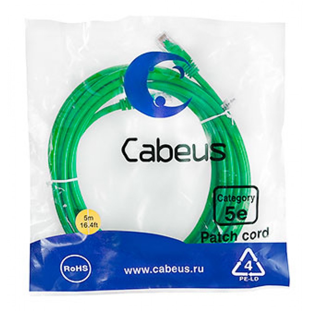 Cabeus PC-UTP-RJ45-Cat.5e-5m-GN Патч-корд U/UTP, категория 5е, 2xRJ45/8p8c, неэкранированный, зеленый, PVC, 5м