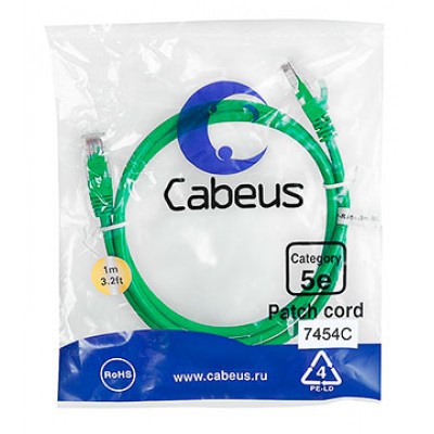 Cabeus PC-UTP-RJ45-Cat.5e-1m-GN-LSZH Патч-корд U/UTP, категория 5е, 2xRJ45/8p8c, неэкранированный, зеленый, LSZH, 1м