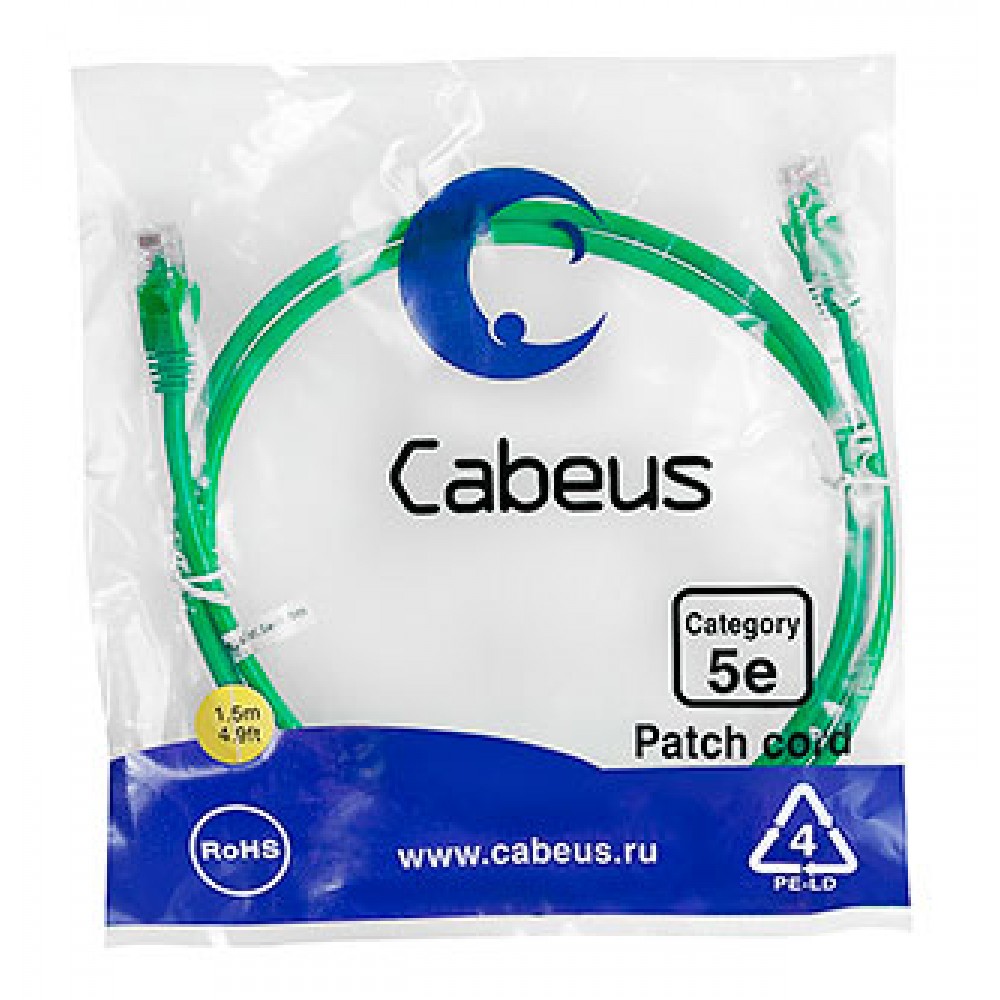 Cabeus PC-UTP-RJ45-Cat.5e-1.5m-GN-LSZH Патч-корд U/UTP, категория 5е, 2xRJ45/8p8c, неэкранированный, зеленый, LSZH, 1.5м