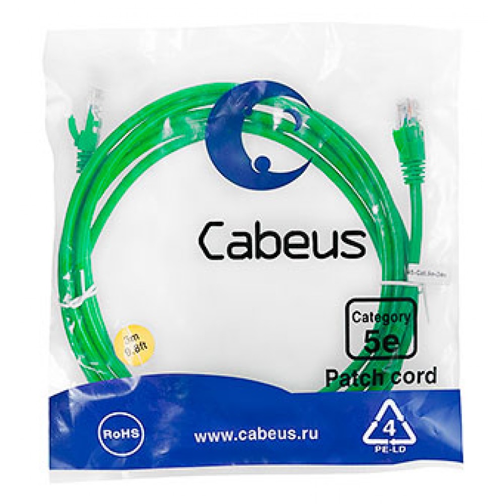 Cabeus PC-UTP-RJ45-Cat.5e-3m-GN-LSZH Патч-корд U/UTP, категория 5е, 2xRJ45/8p8c, неэкранированный, зеленый, LSZH, 3м