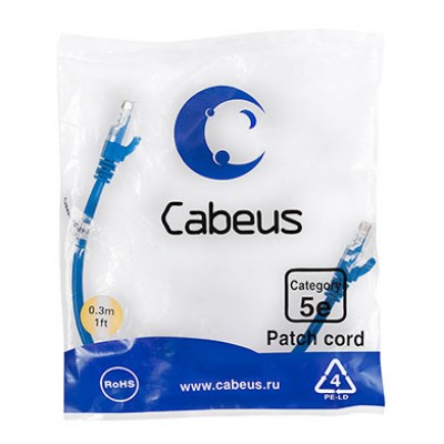 Cabeus PC-UTP-RJ45-Cat.5e-0.3m-BL Патч-корд U/UTP, категория 5е, 2xRJ45/8p8c, неэкранированный, синий, PVC, 0.3м