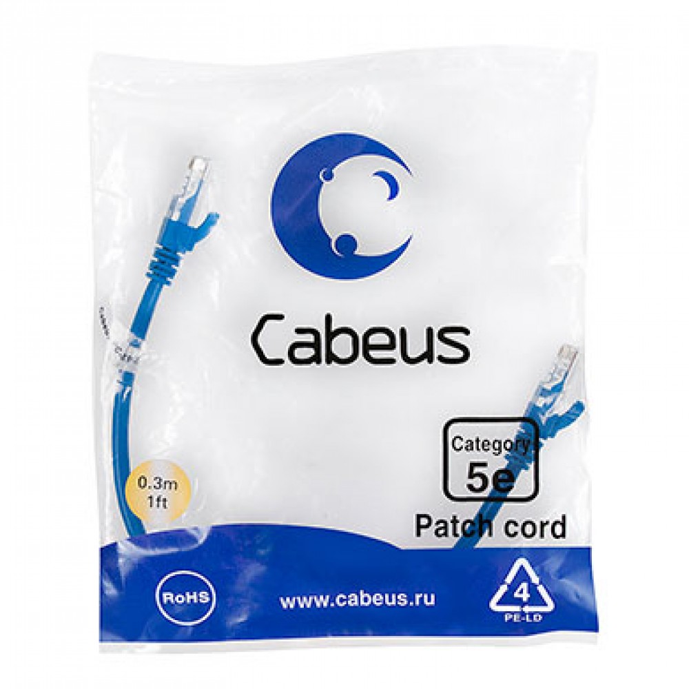 Cabeus PC-UTP-RJ45-Cat.5e-0.3m-BL-LSZH Патч-корд U/UTP, категория 5е, 2xRJ45/8p8c, неэкранированный, синий, LSZH, 0.3м