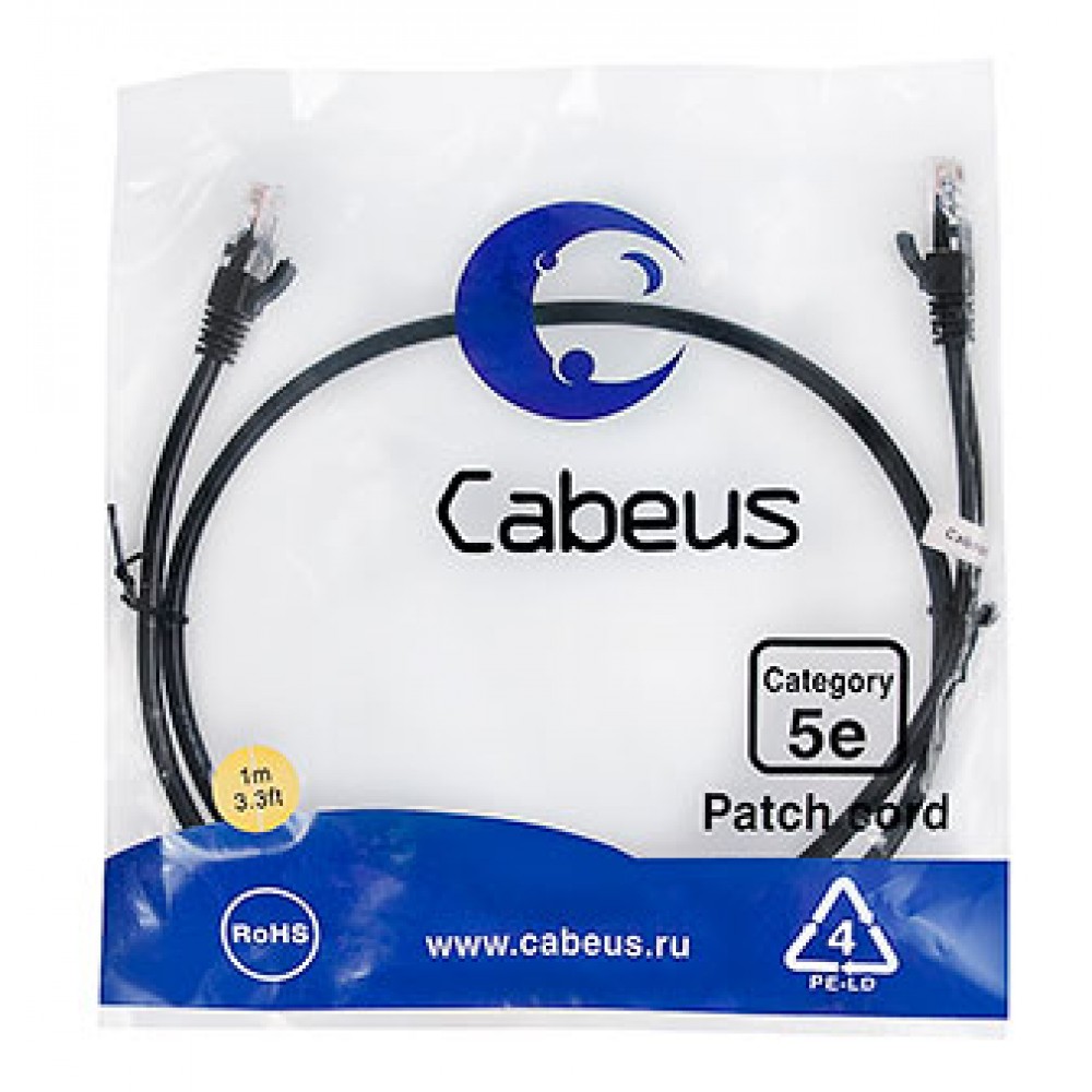 Cabeus PC-UTP-RJ45-Cat.5e-1m-BK Патч-корд U/UTP, категория 5е, 2xRJ45/8p8c, неэкранированный, черный, PVC, 1м