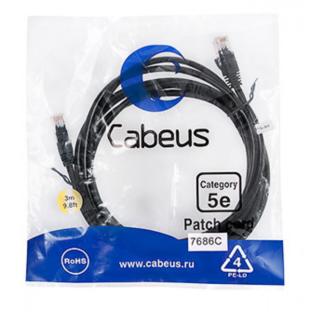 Cabeus PC-UTP-RJ45-Cat.5e-3m-BK Патч-корд U/UTP, категория 5е, 2xRJ45/8p8c, неэкранированный, черный, PVC, 3м