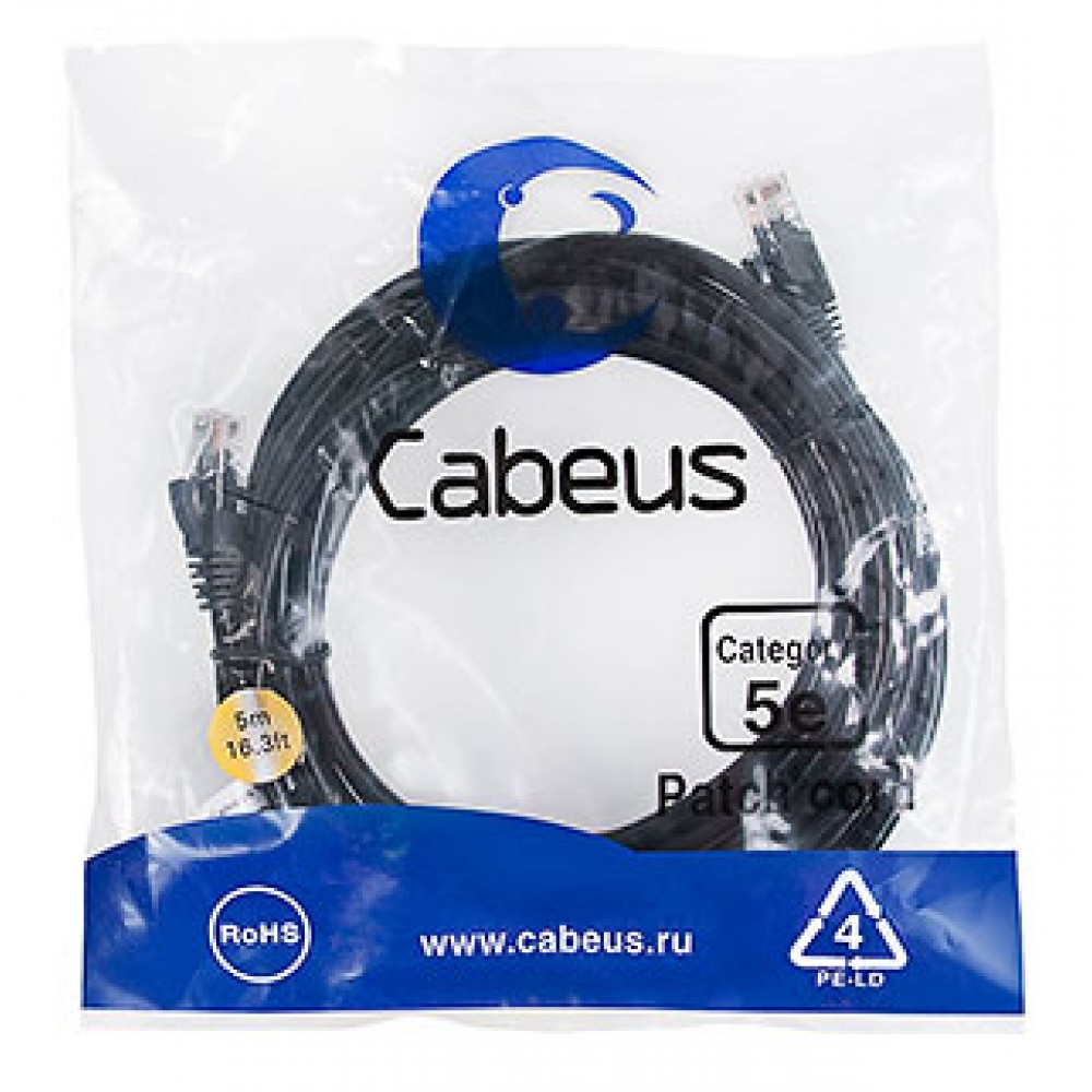 Cabeus PC-UTP-RJ45-Cat.5e-5m-BK Патч-корд U/UTP, категория 5е, 2xRJ45/8p8c, неэкранированный, черный, PVC, 5м