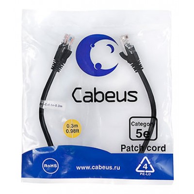 Cabeus PC-UTP-RJ45-Cat.5e-0.3m-BK-LSZH Патч-корд U/UTP, категория 5е, 2xRJ45/8p8c, неэкранированный, черный, LSZH, 0.3м