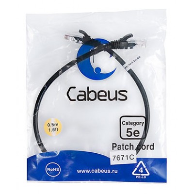 Cabeus PC-UTP-RJ45-Cat.5e-0.5m-BK-LSZH Патч-корд U/UTP, категория 5е, 2xRJ45/8p8c, неэкранированный, черный, LSZH, 0.5м