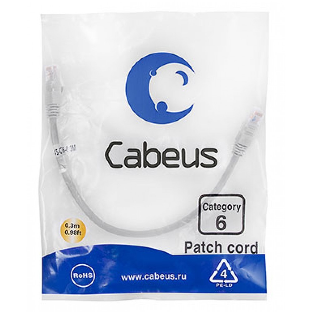 Cabeus PC-UTP-RJ45-Cat.6-0.3m Патч-корд U/UTP, категория 6, 2xRJ45/8p8c, неэкранированный, серый, PVC, 0.3м